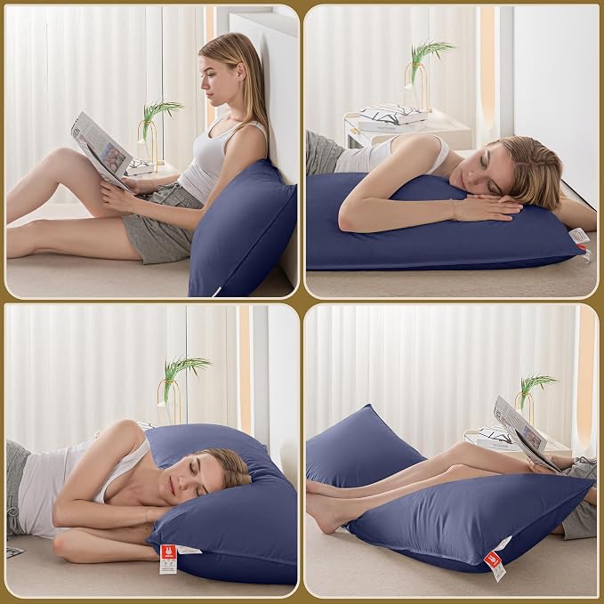 Goose Down Feather Body Pillows for Adults, Full Length Firm Hugging Pillow Insert for Side Sleepers, Breathable Large Long Pillow for Bed with 100% Organic Cotton Shell, Navy Blue 20"x60"