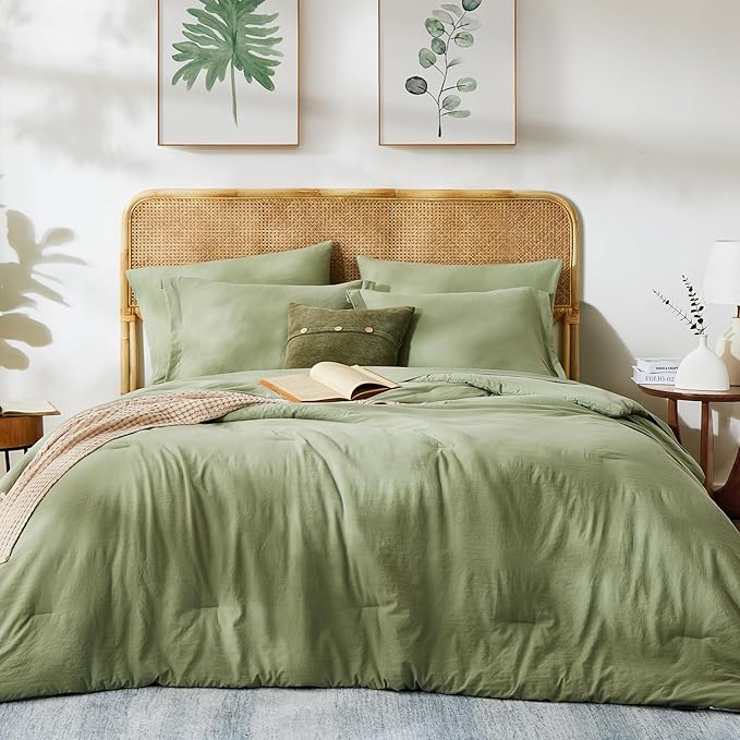 Oversized King Size Comforter Set- 7 Pieces Bed in a Bag King Bedding Sets | Prewashed All Season Comforter with Sheets, Pillow Shams & Pillowcases,Sage Green