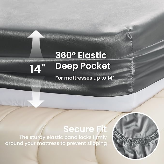 Love's cabin California King Satin Sheet Sets - 4 Piece Dark Grey Silky Sheets Bed Set with Deep Pocket, Luxury Silk Feel Satin Cal King Sheet Set (1 Flat Sheet,1 Fitted Sheet,2 Pillow Cases)