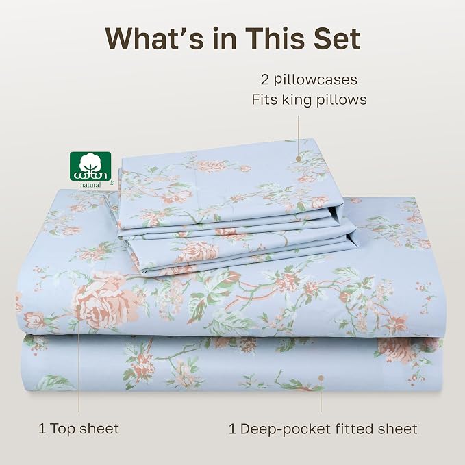 California Design Den Soft 100% Cotton Sateen King Bed Sheets, 4 Pcs Set | 400 Thread Count Backed by Good Housekeeping Seal, 16" Deep Pocket, All-Around Elastic, Durable - Floral Blue/Pink Print