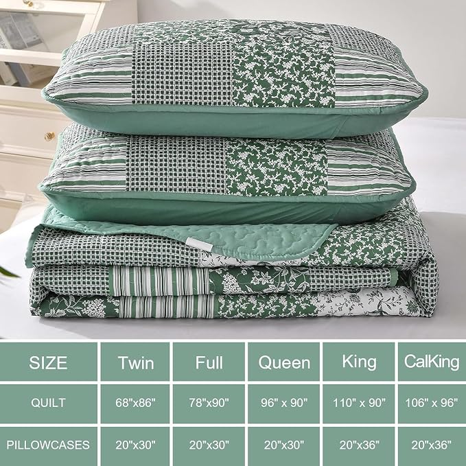 Mybedsoul Boho Quilts Queen Size, Patchwork Reversible Bedding Set, Green | Soft Lightweight Microfiber Coverlet Set, 3 Pieces Plaid Reversible Bedspread, Bed Sets for All Seasons 90"x96"