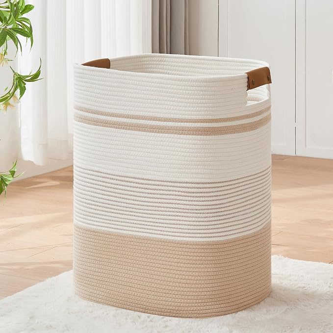 AINUOQI Laundry Basket with Handles - Blanket Basket & Hampers for Bedroom Aesthetic, Laundry Hamper & Blanket Storage for Living Room, Clothes Hamper, Tall, Large 17" x 14" x 22”, Off-white