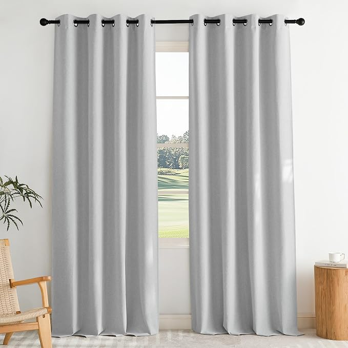 NICETOWN 100% Blackout Faux Linen Curtains for Living Room, Greyish White, W52 x L84, 2 Pieces, Noise Reducing Crisp Faux Linen Light Blocking Shield for Classroom, Dining Room Windows