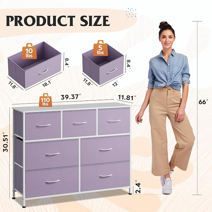 WLIVE Dresser for Bedroom, 7 Drawers, TV Stand, Purple | 7 roomy fabric drawers, Fits TVs up to 45 inch, Bedroom or living room, Wide storage design, Chest of drawers