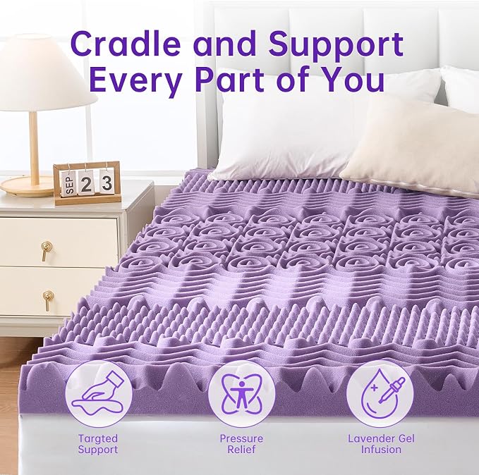MUXHOMO 3.9 Inch 7-Zone Cal King Mattress Topper, Egg Crate Memory Foam Mattress Topper Cal King for Back Pain, Lavender Gel Infused Bed Pad, CertiPUR-US and Oeko-TEX Certification (83"×71")