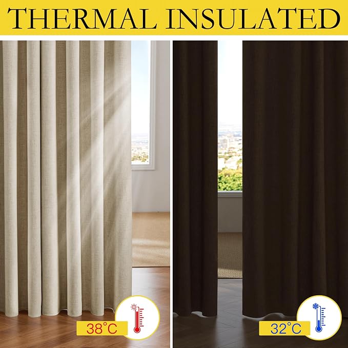 NICETOWN 100% Blackout Linen Curtains 84 inch Long 2 Panels, Beige | Thermal Insulated, Thick Linen Blend, Rod Pocket & Back Tab, Privacy Draperies for Apartment, Living Room, 52" W per Panel