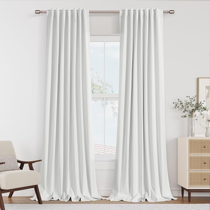 White 100% Blackout Linen Curtains 86 Inch Length 2 Panels Set for Living Room Bedroom Back Tab Rod Pocket Thermal Insulated Black Out Drapes Room Darkening Farmhouse Window Curtains 52x86