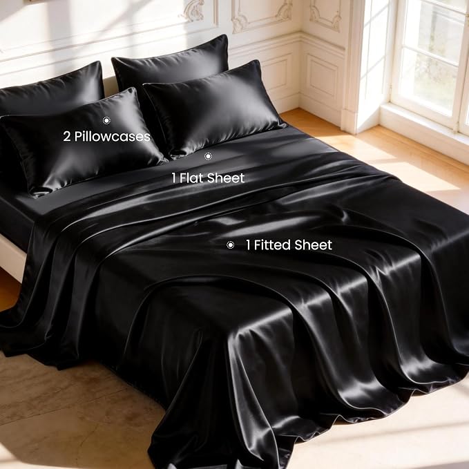 Love's cabin Satin Twin Sheets Set - 4 Piece Black Silky Bed Sheets Set with Deep Pocket, Luxury Silk Feel Satin Twin Size Sheet Set (1 Flat Sheet,1 Fitted Sheet,2 Pillow Cases)