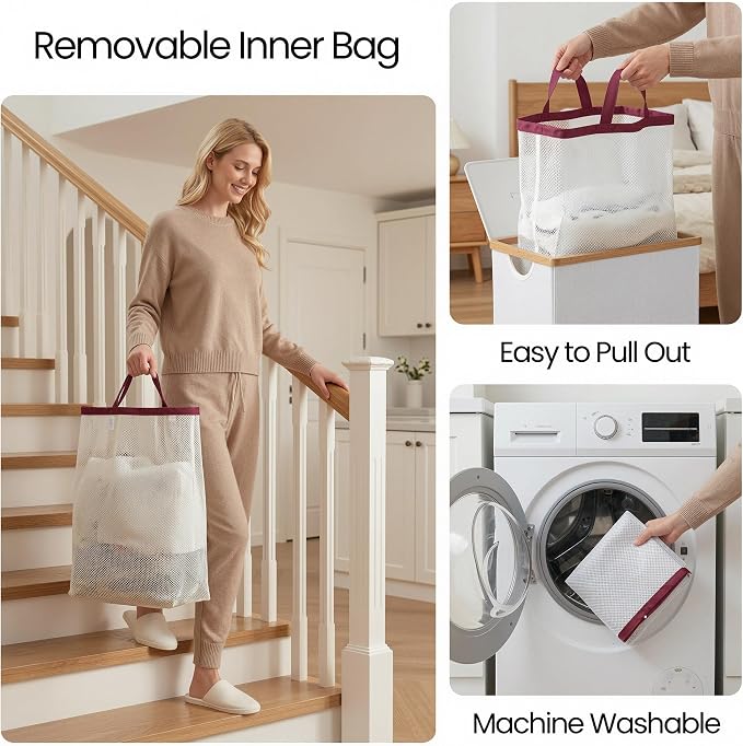 efluky Slim Laundry Basket with Lid, Narrow Laundry Hamper with Removable Bag, Skinny Dirty Clothes Basket with Bamboo Handles for Bathroom, Bedroom & Laundry Room (Burgundy, 75L)