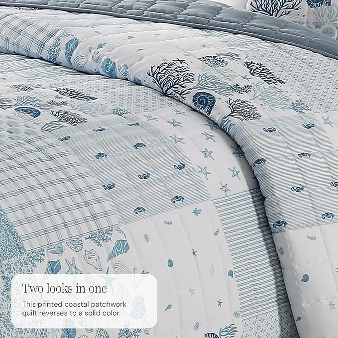 King Quilt Set-3 Pieces Soft Bedding Lightweight Floral Patchwork Coverlet | All Seasons Quilts Queen Size for Bed, 1 Quilt (106" x 94") and 2 Shams (20" x 36"), Vintage Bedspread, Coastal Blue