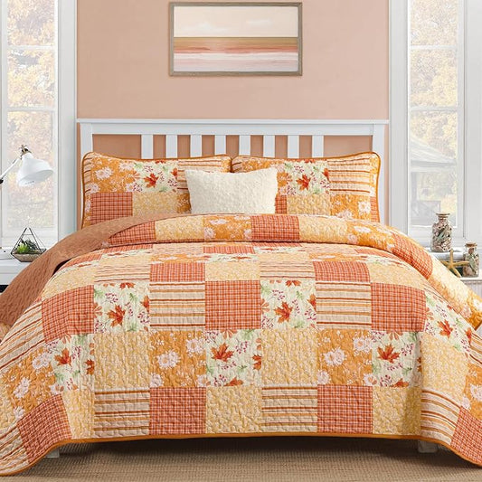 Mybedsoul Orange Boho Quilts Queen Size, Patchwork Floral Fall Bedding Set | Soft Lightweight Microfiber Floral Coverlet Set, 3 Pieces Plaid Floral Bedspread, Bed Sets for All Seasons 90"x96"