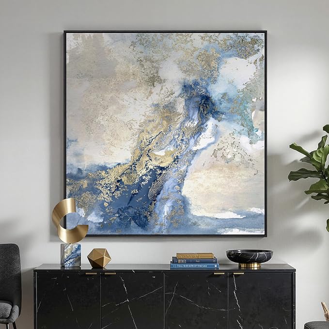 Extra Large Framed Blue Abstract Wall Art Decor for Living Room, 40x40 In | Oversized, Canvas prints, Modern paintings, Minimalist pictures, Blue white gold, Square art, Dining room, Bedroom wall decor