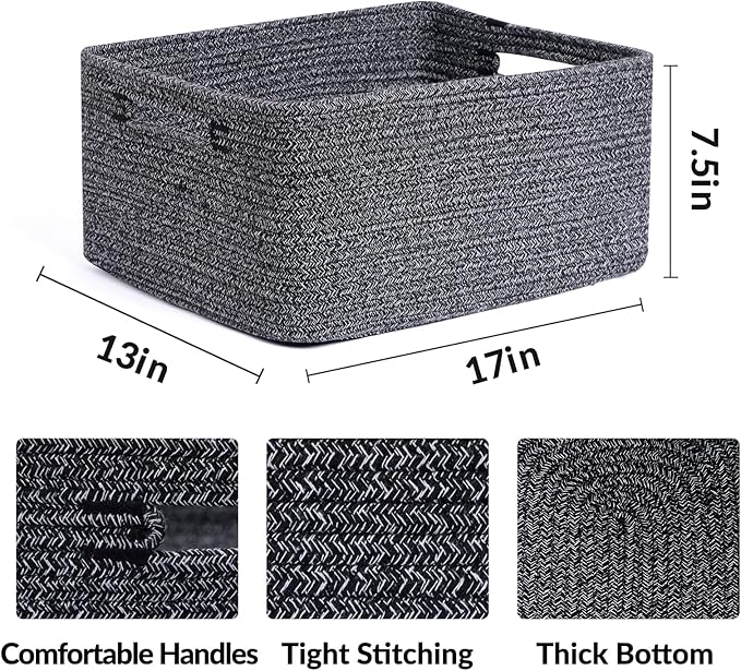 MiniArk Large Storage Baskets for Shelves, 17 x 13 x 7.5” Closet Organizers Bins for Clothes Blanket Towels, Baby Nursery, Toy Baskets Box, Woven Rope Baskets, 3 Packs Dark Gray