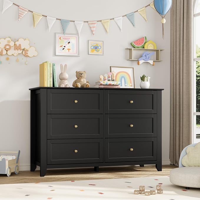 Garvee 6 Drawer Dresser for Bedroom, 47.2" Wide Modern Large Chest of Drawers with Metal Knobs, Wooden Clothes Storage Organizer for Closet, Nursery, Living Room, Apartment, Black | Lacquered Finish, Metal Knobs, Clothes Storage Organizer for Closet, N...