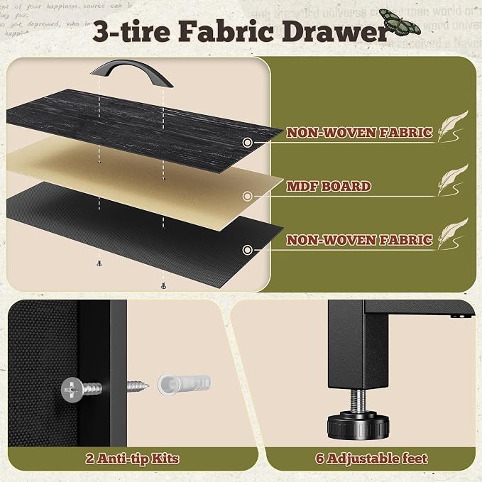 55" W Dresser for Bedroom with 9 Drawers LED, Power Outlets Fits 65" TV | TV Stand for 45, 55, 65 Inch TV Sturdy Long Chest of Drawers with Extra 2 Wooden Shelves Steel Frame Grain Black