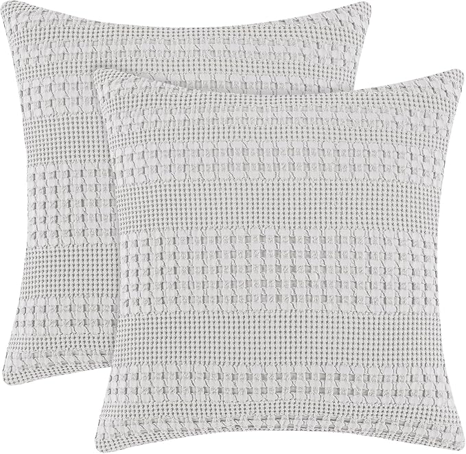 PHF 100% Cotton Waffle Weave Pillow Covers 24" x 24", 2 Pack Luxury Square Shell for Elegant Home Decor, No Filling, Luxury Aesthetic Soft Pillow Covers for Bed, Light Grey