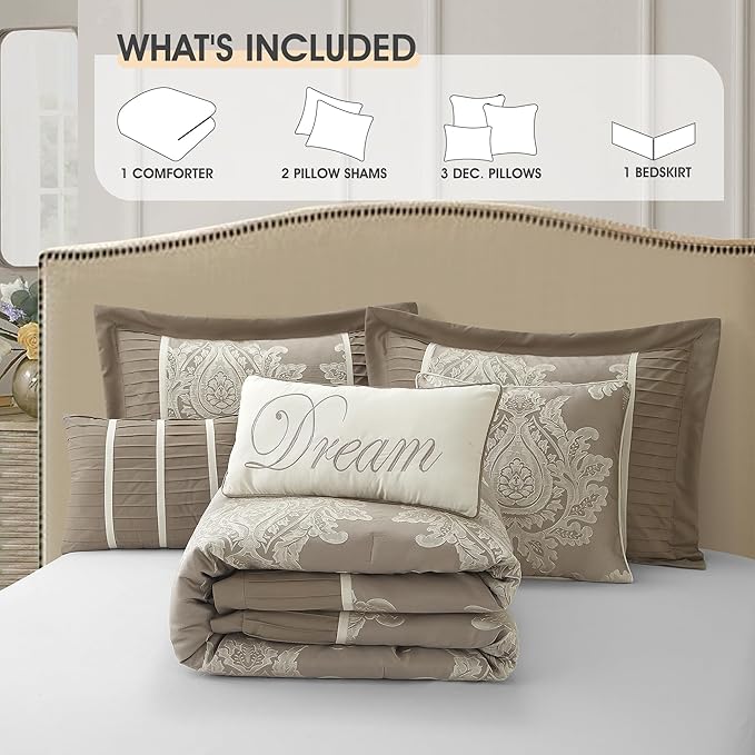 Beige Oversized Comforter Set 7 Pieces, Jacquard Woven with Damask, Bedding Set in a Bag Includes Comforter, Bed Skirt, Pillow Shams, and Decorative Pillows