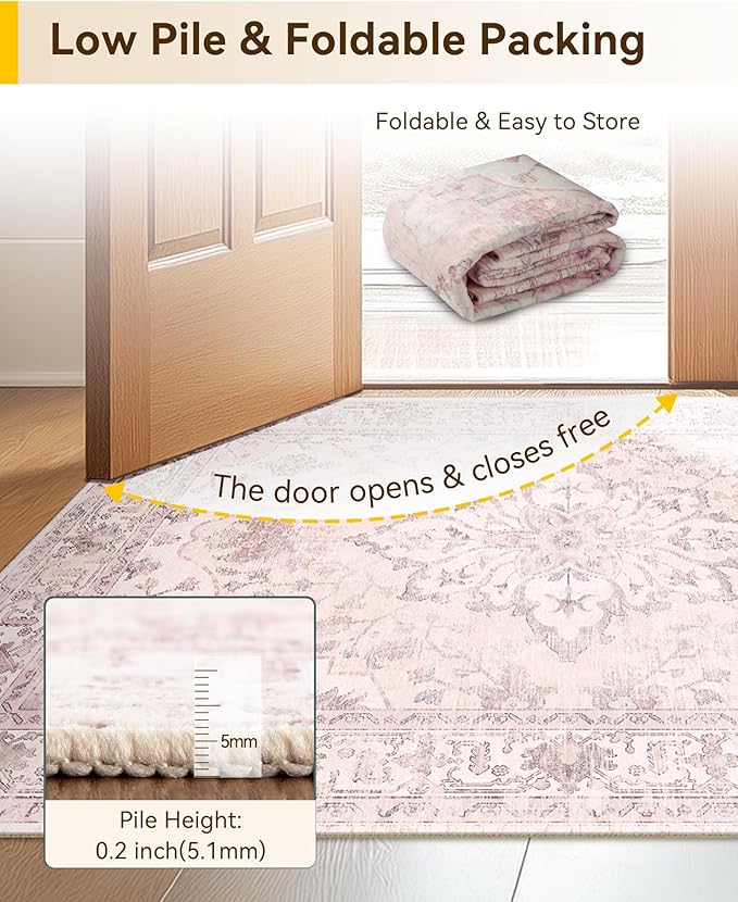RELEANY Washable Area Rug, Runner 2'6"x5', Pink | Non-Slip, Water Repellent, Pet Friendly, Easy to Clean, Vintage Floral Boho Decor for Kitchen Entry Bedroom Bedside Laundry