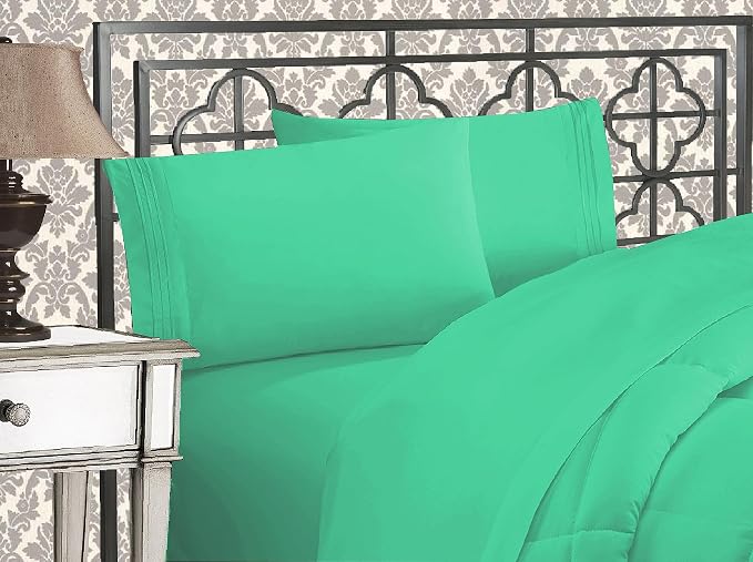 Elegant Comfort Luxurious 1500 Premium Hotel Quality Microfiber Three Line Embroidered Softest 4-Piece Bed Sheet Set, Wrinkle and Fade Resistant, California King, Paradise Teal