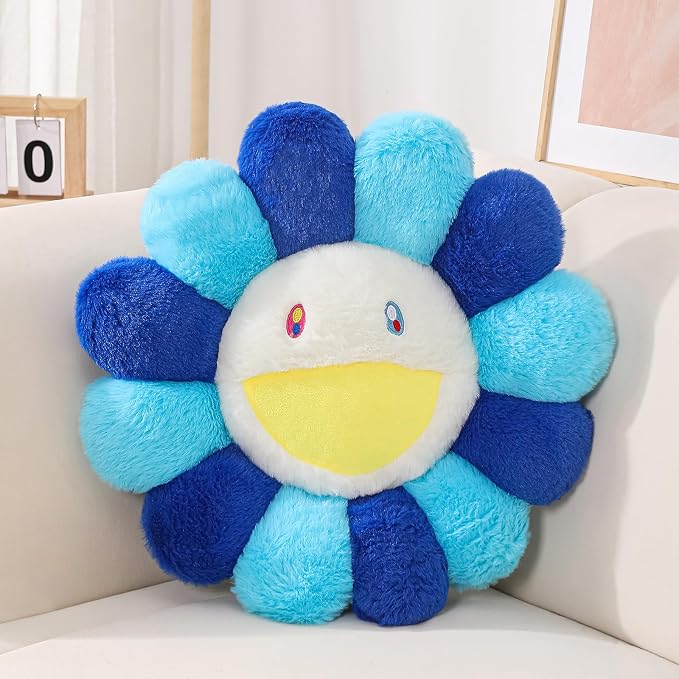 FIONOUT Blue Daisy Flower Pillow, Smile Face Decorative Cushion, 23.6 Inch | Bright Blue Flower Pillow With Premium Plush Fabric, Cozy Accent For Couches, Bedrooms, Dorm Rooms and Gifts.