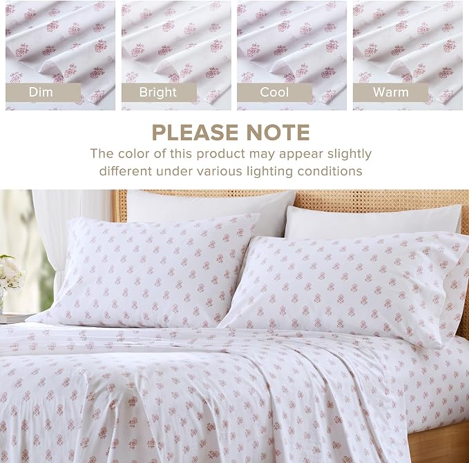 Comfort Spaces 100% Cotton Percale Sheets Twin Sheet Set 3 Pcs, Floral Pink | Crisp, Cool & Breathable Bed Sheets, 12" Deep Pocket Fits Up to 14" Mattress, Lightweight, All Season Cozy, with Pillow Case