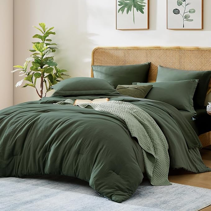 California King Size Comforter Set- 7 Pieces Bed in a Bag King Bedding Sets | Prewashed All Season Comforter with Sheets, Pillow Shams & Pillowcases,Deep Green