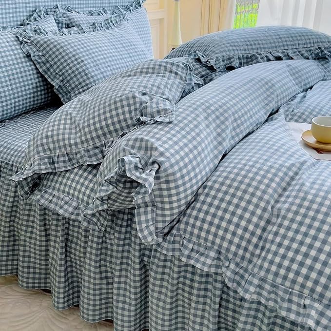 LifeTB Blue Gingham Comforter Set King 3 Pieces Ruffle Plaid Checkered Pattern Comforter Chic Gingham Bedding Set Fluffy Soft Grid Plaid Bedding Comforter Farmhouse Checkered Comforter Set King