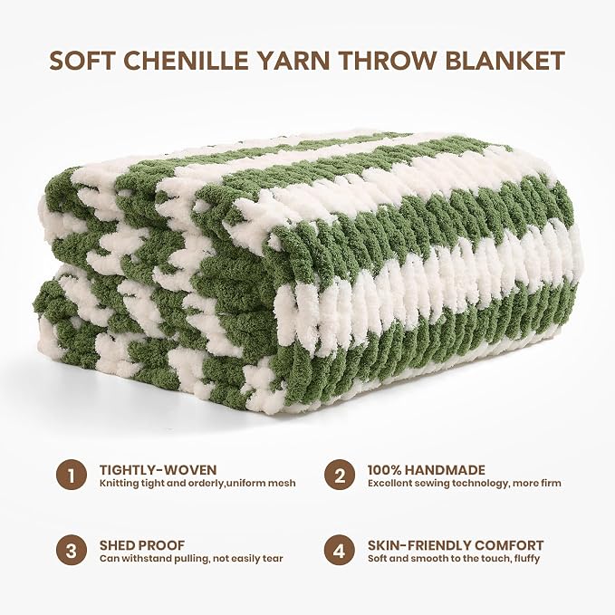 L'AGRATY Chunky Knit Throw Blanket for Couch, 50 x 60 Inches, Green White | Handmade Chenille Crochet Blanket for Sofa Bed, Thick Cable Knitted Blankets for Room Home Decor, Birthday Gift for Women Mom