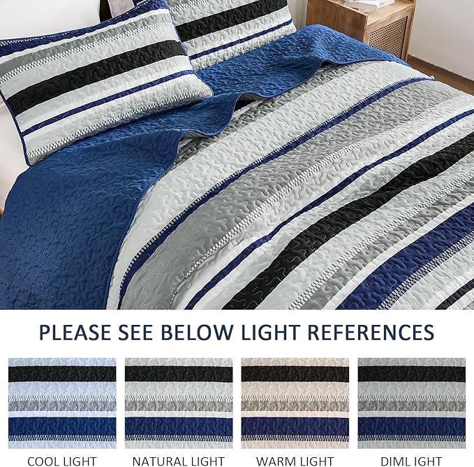WONGS BEDDING Full Striped Quilt Set, Navy Blue Lightweight Bedspread | Lightweight Microfiber Coverlet, Breathable All-Season, Machine Washable, 3-Piece Set 90"x78", Great for Men Boys Dorm Room