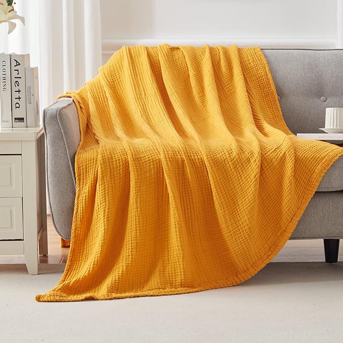 EMME Muslin Blankets for Adults Throw Blanket for Couch Breathable Gauze Soft Lightweight Airy Mustard Yellow Twin 60" x 80"