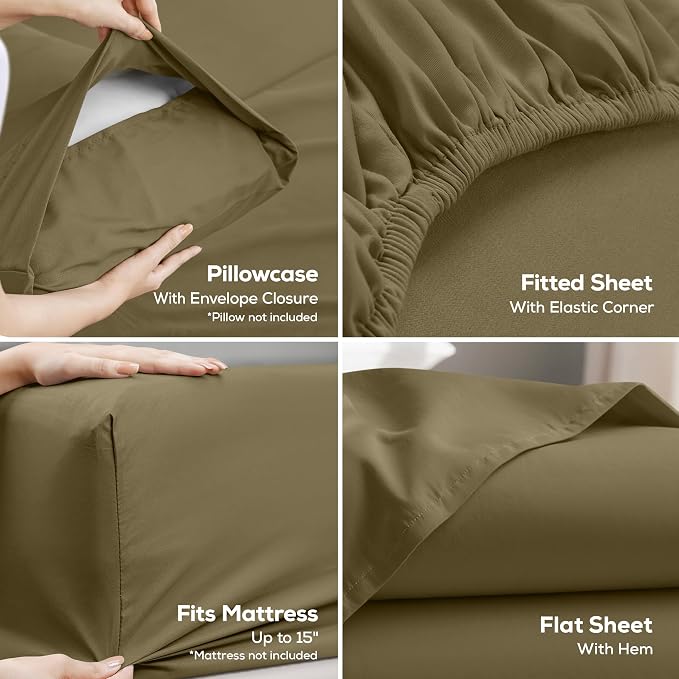 Queen Sheets Set, 4 Pieces 16" Deep Pocket Hotel Luxury Bed Sheets, Olive | Extra Soft Bedsheet Set, Comfy & Breathable Cooling Sheets, Wrinkle & Fade Resistant, Fitted Sheet, Flat Sheet, 2 Pillowcases