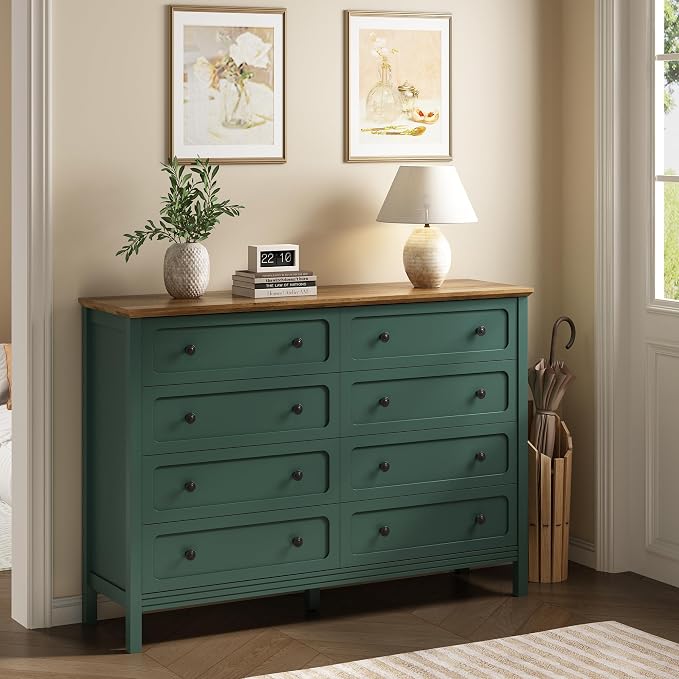 CARPETNAL 55" Green Dresser for Bedroom with 8 Drawer & Deep Drawers | Large Storage Modern Chest of Drawers with Metal Handles for Living Room, Hallway