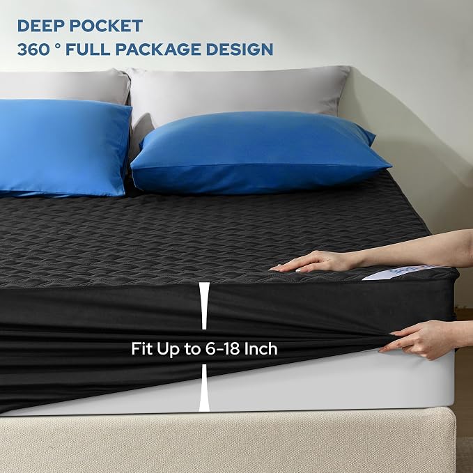 BEDLORE Waterproof King Size Mattress Protector, Deep Pocket Fit, Washable | Soft Noiseless Breathable Bed Mattress Cover Pad, Fits 6-18 Inch Deep Mattresses, Ideal for Home, Bedroom, Hotel, Black