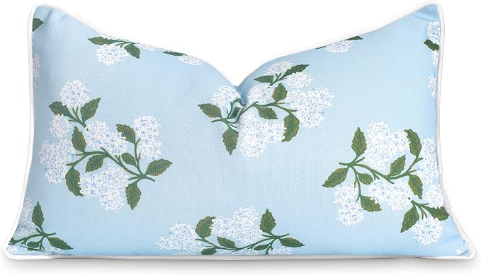 Hofdeco Premium Coastal Patio Indoor Outdoor Lumbar Pillow Cover Only, 12"x20" Water Repellent for Backyard, Couch, Baby Blue Print Hydrangea Flower