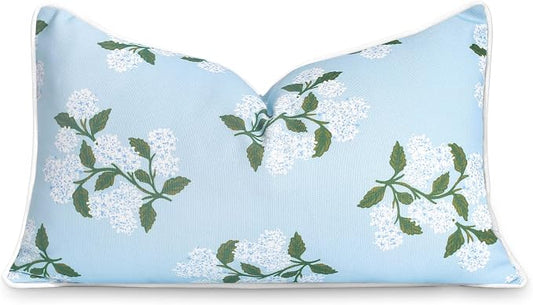 Hofdeco Premium Coastal Patio Indoor Outdoor Lumbar Pillow Cover Only, 12"x20" Water Repellent for Backyard, Couch, Baby Blue Print Hydrangea Flower