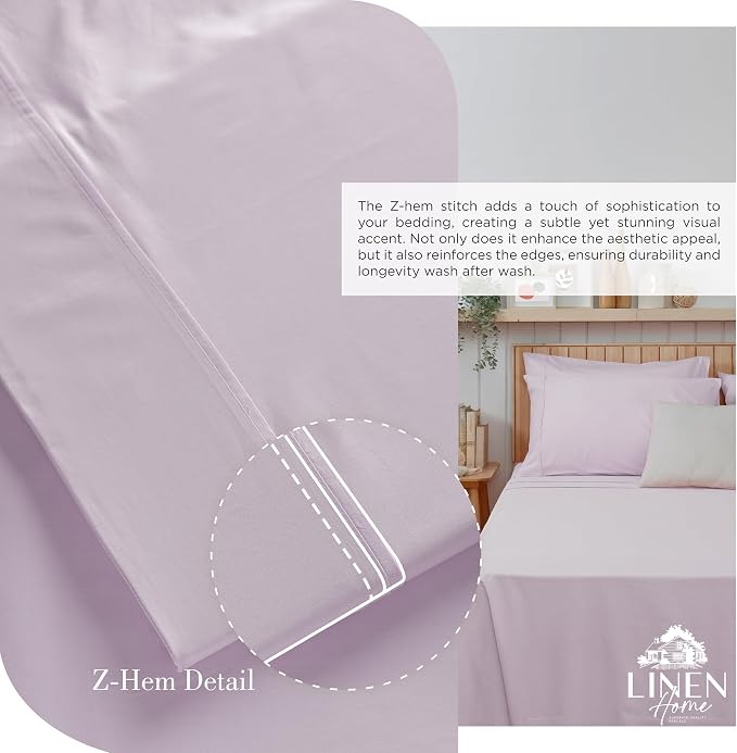 Linen Home 100% Cotton Percale Sheets Twin XL Size, Iris Lilac, Deep Pocket, 3 Pieces Set- 1 Flat, 1 Fitted and 1 Pillowcase, Crisp Cool and Long Staple Strong Bed Linen