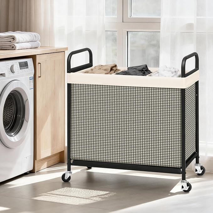 STORAGE MANIAC Rolling Laundry Hamper with Wheels 3-Section Laundry Sorter Rolling Laundrys Basket on Wheels with Removable Bag Clothes Hamper Laundrys Organizer Cart Bathroom Bedroom 120L Beige