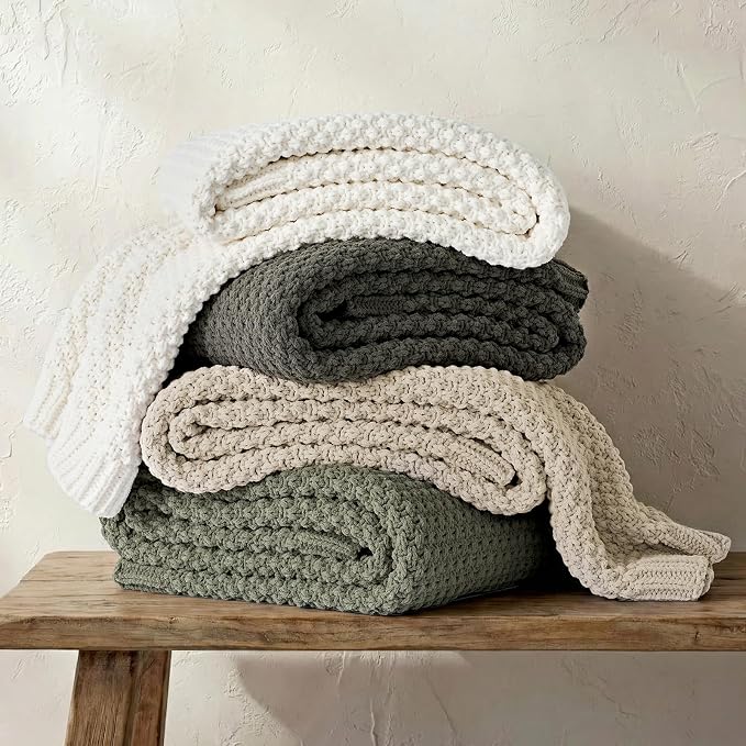 EVERGRACEHOME Chunky Chenille Knit Throw Blanket, 60 x 80, Bright White | Sculpted Moss Stitch, Chic Modern Farmhouse, All-Season Warmth, OEKO-TEX® Certified, Elegant Blanket for Couch, Bed, Sofa