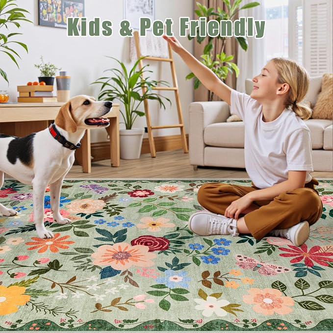 PLHXFR 2x5 Washable Runner Rug：Floral Indoor Kitchen Soft Carpet Green | For Hallway Bedroom Kitchen Laundry Bathroom Dorm,Vintage Floral,Machine washable,Non Slip,Stain Resistant,Indoor Floor