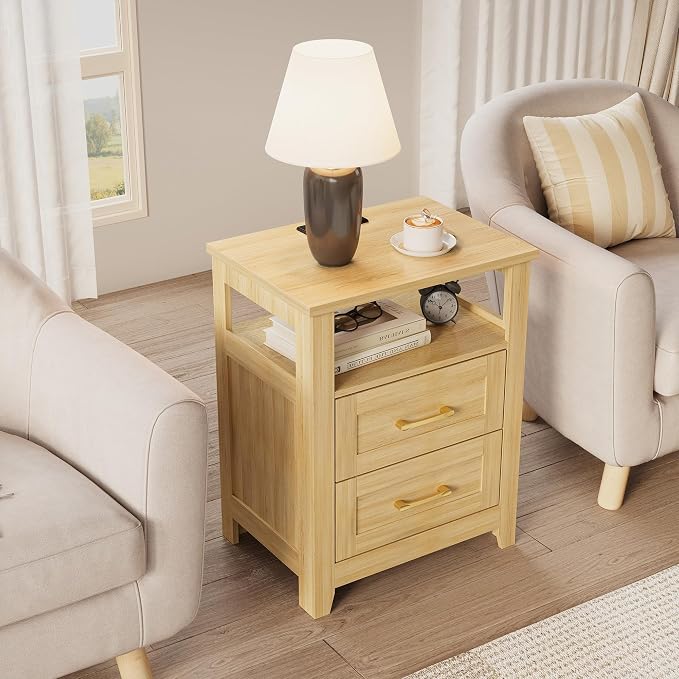 Decofy Farmhouse 2-Drawer Nightstand Set of 2 with Charging Station, Oak | Open Shelves, AC Outlets, USB And Type C Ports, Rustic Wood Bedside Tables, Storage For Small Items