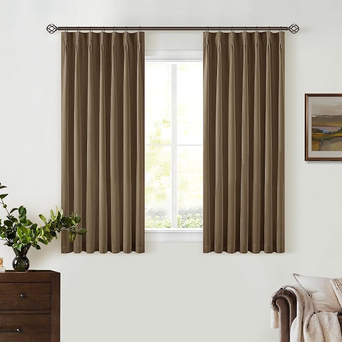 Dutch Cocoa Pleated Black Out Linen 45 Inch Curtains with Liner 2 Panels | 100% Blackout, Memory Trained Pinch Pleat, Thermal Insulated, Noise Reduce, Short Curtains 2 Layers for Kitchen Small Window