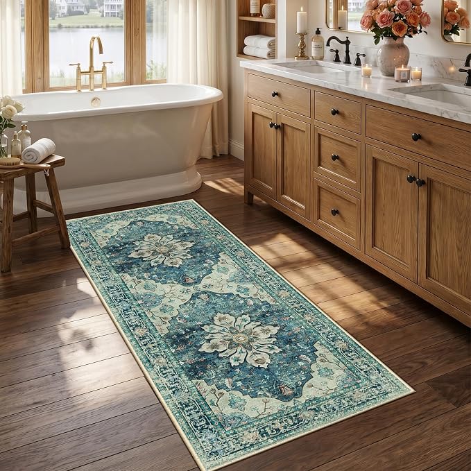 RELEANY Washable Area Rug, Runner 2'6"x5', Blue/Vintage Dark Blue | Non-Slip, Water Repellent, Pet Friendly, Easy to Clean, Vintage Floral Boho Decor for Kitchen Entry Bedroom Bedside Laundry