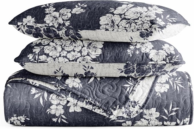 Merit Linens 3 Piece Quilt Set - Super Soft - Lightweight - All Season Quilted Coverlet - Timeless Patterns - Full/Queen Navy