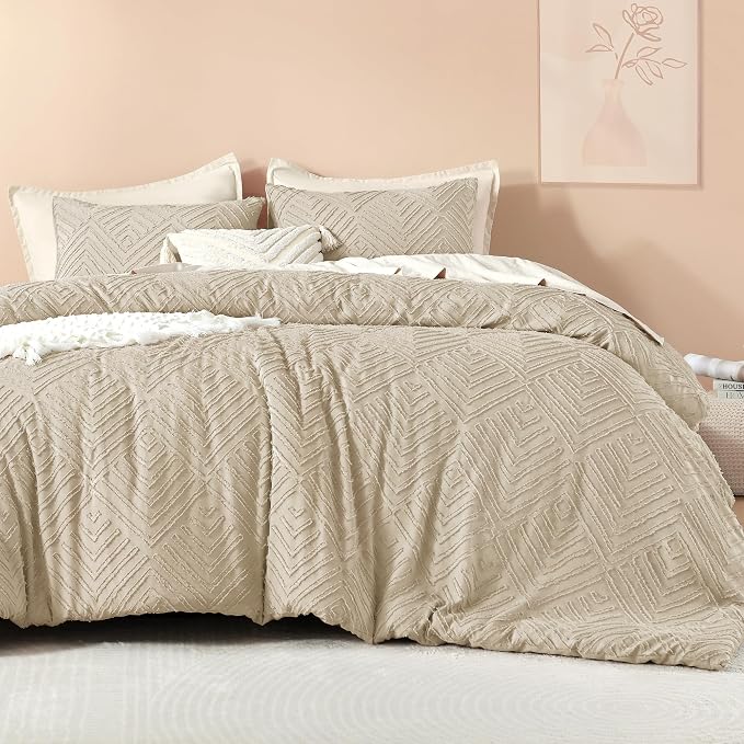 Litanika Queen Size Comforter Set, 3 Pieces Khaki Tufted Boho Bedding Set | Farmhouse Shabby Chic Vintage Bohemian Textured Aesthetic Soft Fluffy Lightweight Breathable All Season Bed Set for Queen Bed