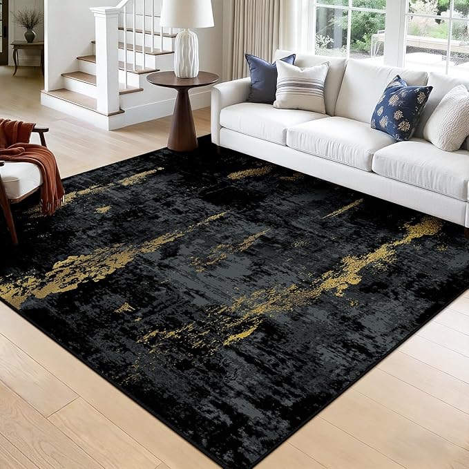 RELEANY Washable Square 8'x8' Area Rug for Living Room Black Gold | Carpet for Bedroom, Kitchen, Office, Hallway and Entryway, Printed Pattern, Non‑Slip, Soft, Stain‑Resistant, Easy to Clean