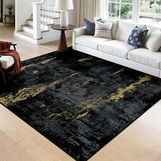 RELEANY Washable Square 8'x8' Area Rug for Living Room Black Gold | Carpet for Bedroom, Kitchen, Office, Hallway and Entryway, Printed Pattern, Non‑Slip, Soft, Stain‑Resistant, Easy to Clean