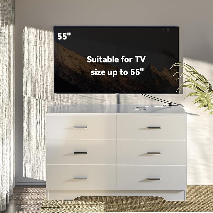 FJTJBSI Dresser with Power Outlets Wooden 6 Drawer Dresser with USB and Type C Port Chest of Drawers for Bedroom Tall White Storage Organizer for Living Room Hallway Closet