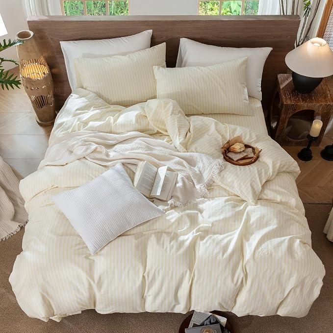 MooMee Striped Duvet Cover Set 100% Washed Cotton Linen Like King | Relaxed Linen-like Texture. Soft, Breathable & Long-lasting Comfort. Lightweight. Hidden Zipper with 8 Interior Corner Ties