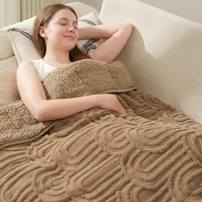 Drewin Weighted Blanket Queen Size 15lbs for Adults,Brown,60 x 80 inches | Stress Relief & Better Sleep,Soft Jacquard Sherpa with Glass Beads,Machine Washable,Great for Napping,Relaxing,Reading