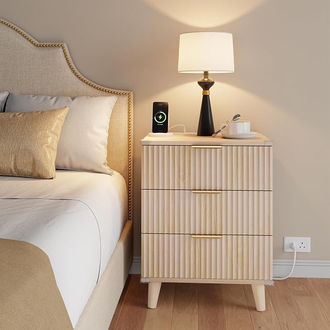 Wood Nightstands Set of 2 w/Charging Station, 3 Drawers Fluted Dresser | Natural, Large Drawers, Metal Silent Rails, FSC Wooden, Sturdy Legs, Modern Fluted Panel, Living Room, Bedside Table